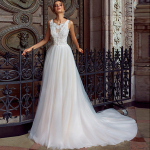 V Neck White Knitted Backless A Line Wedding Dress Natural Waist Off White Polyester Fiber - Product Image 1