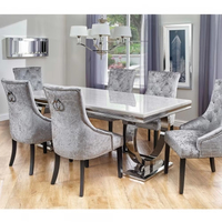 Ensemble de table à manger en pierre blanche de luxe de style européen moderne, plateau rectangulaire, pieds en métal, 6 chaises - Meubles de salle à manger écologiques pour hôtel