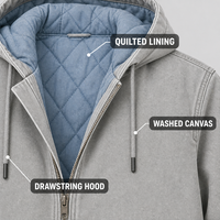 Vestes pour hommes personnalisées en toile de coton épaisse, lavée, matelassée, à capuche, zippées, avec cordon de serrage et poches, pour un style décontracté et professionnel