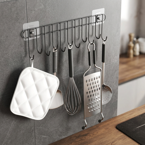 Étagère murale en métal pour cuisine avec 10 crochets, support de rangement auto-adhésif pour ustensiles, design minimaliste - Product Image 4