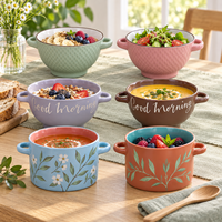 Bol à soupe en céramique style ferme à double poignée, imprimé floral, pour flocons d'avoine et salades, motif et couleur personnalisés, boîte cadeau, OEM ODM, vente en gros
