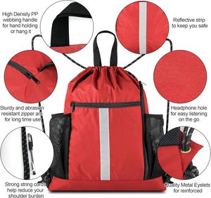 Mochila roja con cordón ajustable, compartimento para zapatos y dos bolsillos laterales de malla, ligera, duradera, deportiva - Product Image 2
