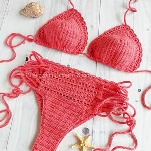 Bikini de Ganchillo Tejido a Mano Rosa Personalizado OEM, el Mejor Traje de Baño de Dos Piezas con Cuello en V, Bikini de Tiras para Niñas y Mujeres - Product Image 4
