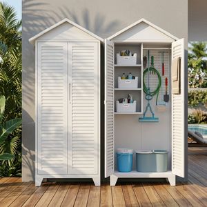<span class=keywords><strong>Armoire</strong></span> de <span class=keywords><strong>rangement</strong></span> extérieure en acier blanc avec portes à persiennes et étagères, organisateur d'outils de jardin, abri de patio résistant aux intempéries - Product Image 6