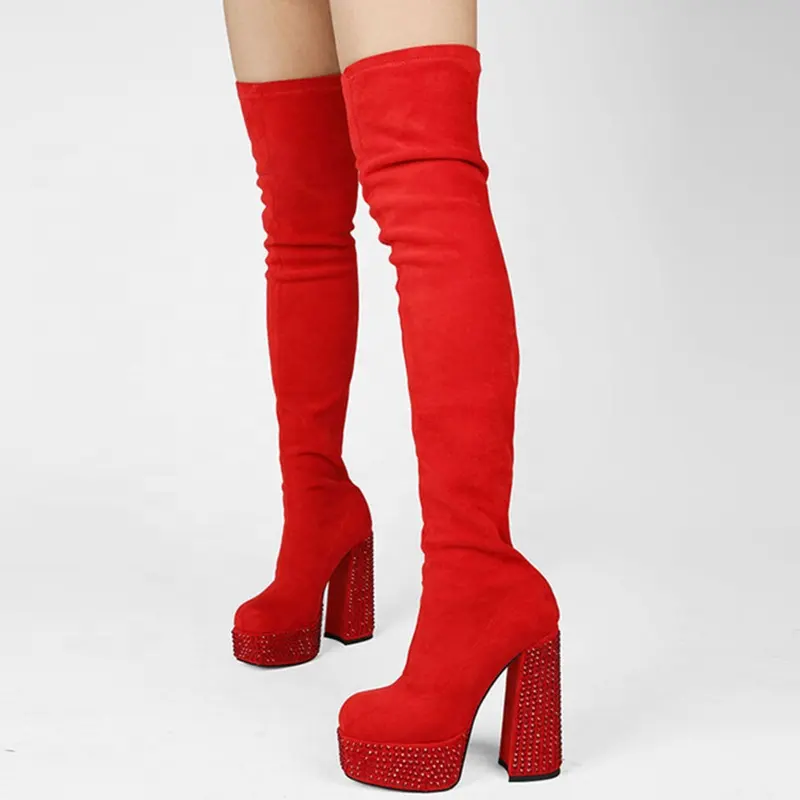 Женские сапоги выше колена, Красные эластичные сапоги из флока на платформе и толстом каблуке, с заклепками, на высоком каблуке, зимний сезон, размер 45, 2022