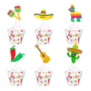 12pcs Mexican Theme Party cake toppers Supplie Fiesta Treat Mexican Themed Party decorations Favor Birthday cake toppers