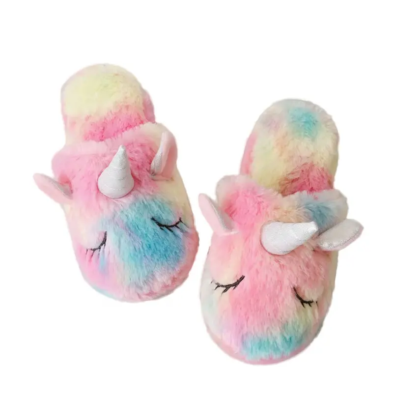 Zapatillas esponjosas personalizables para niñas, pantuflas de unicornio de arcoíris de peluche, para interior y exterior
