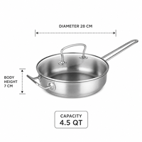 Poêle à frire profonde en acier inoxydable de 4,5 L avec couvercle en verre trempé et poignée d'aide, 28 cm, compatible induction