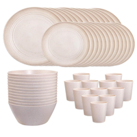 Service de Table Complet 48 Pièces en Gros, Plastique Beige Incassable et Réutilisable, Motif Paille de Blé, Assiettes, Bols, Tasses pour Camping et Plein Air