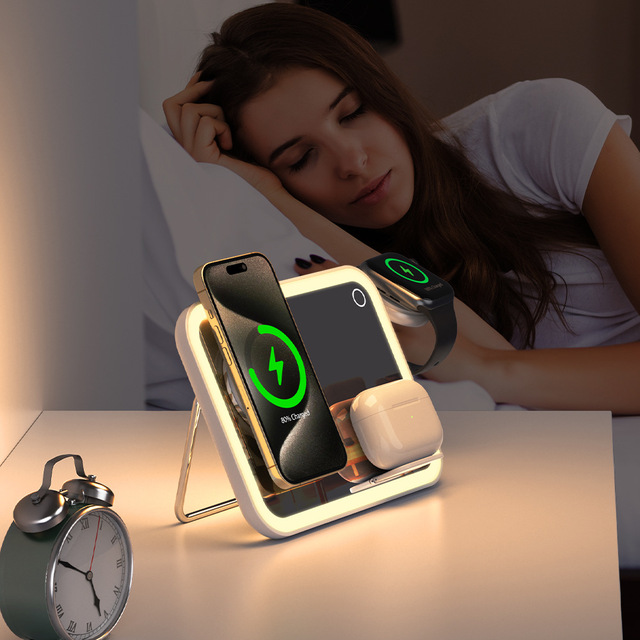 3 in 1 Wireless Charger Magnetic Fast Charging Station With Mirror LED Night Light for IPhone/Watch/