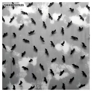 New Black and White Tie-Dyed Polyester Mesh Tulle Fabric Embroidery Black 3D Bat Halloween 2024 Fabric Clothing Textile