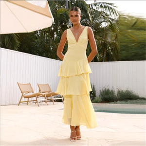 Nouvelle robe décontractée de fête élégante sans manches à col en V, robe longue à jupe en forme de gâteau de couleur unie pour femmes - Product Image 4