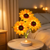 Lampu Dekorasi Dalam Ruangan 3 Kepala Bunga Matahari 35cm, Daya Ganda USB & Baterai