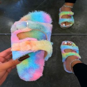 MYWD5 Autumn Winter House Shoes Women Home <span class=keywords><strong>Slippers</strong></span> Warm Faux Fur Ladies Cross Soft Plush Furry Female Open Toe Fashion Shoes - Product Image 1