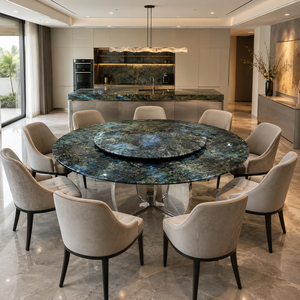 Customized Dining <b>Table</b> Round <b>Top</b> Modern Villa 8 Seater Metal Legs <b>Stone</b> Furniture Luxury Blue Labradorite Granite - Product Image 3