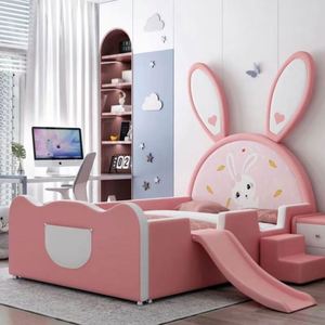 Cartoon Pink Bunny Guardrail <b>Slide</b> <b>Bed</b> 1.2m Solid Wood Cotton Upholstery Comfortable Modern Design Girls Princess Bedroom - Product Image 2