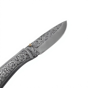 Navaja de bolsillo plegable grabada a mano con hoja de acero inoxidable, mango con punta de cuchillo y funda de cuero, cuchillo de uso diario. - Product Image 4
