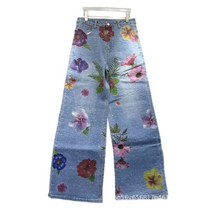 Pantalon large taille haute en denim à imprimé diamant teinté style nouveau GX-2026 pour femmes - Product Image 5