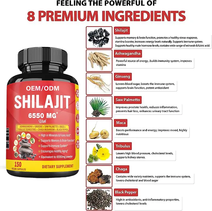 Tablet Shilajit kaya akan asam humat dan 85 mineral meningkatkan kekuatan pria suplemen kesehatan shilajit tablet kapsul
