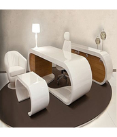 Bureau de bureau moderne avec pieds incurvés au design unique, en pierre artificielle, surface haute brillance, prise escamotable sans fil, garantie 10 ans