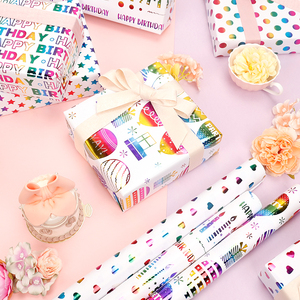 Venta al por mayor 80g cumpleaños colorido estampado en caliente papel tisú 43*300cm regalo lujo embalaje personalizado rollo de papel de regalo - Product Image 5