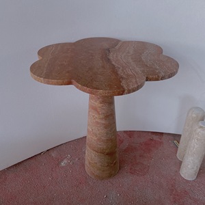 Tavolino Laterale Moderno in Marmo Travertino Rosso, Consolle in Pietra Naturale per Soggiorno con Pannello in Bambù, Arredamento per la Casa - Product Image 2
