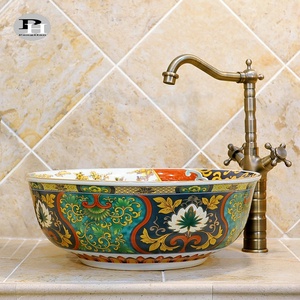 Jingdezhen-lavabo redondo de cerámica colorido para baño, lavamanos pintado chino, color verde - Product Image 2