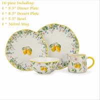 Service de table moderne en porcelaine 16 pièces avec motif de fruits en relief 3D, assiettes, bols et tasses pour 4 personnes, restaurant