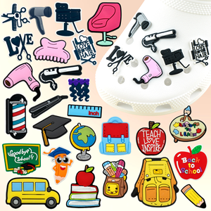 Outils de coiffeur drôles Ensemble de breloques de chaussures en PVC Brosse à cheveux Fer à friser Salon Thème Sabots Accessoires pour DIY Idées cadeaux Charme de chaussure - Product Image 1