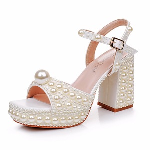 Sandales à Talons Épais de 9cm Bouche de Poisson, Racine Carrée, Plateforme, Perle Blanche, Chaussures de Mariée, Strass, Minces, Grande Taille - Product Image 1