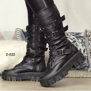 Botas de media pantorrilla con suela gruesa de estilo europeo y americano para mujer, nuevo estilo de otoño e invierno, punta redonda, hebilla de cinturón. - Product Image 2