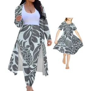 가을 가족 일치하는 의류 파인애플과 팜 인쇄 하와이 어머니 카디건 tyand 딸 소녀 여성 긴 소매 드레스