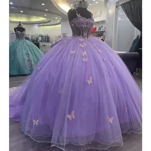 QD1628-vestido De quinceañera púrpura, con lazo grande, hombros descubiertos, cuentas De cristal brillantes, arco, 15 años, corsé trasero