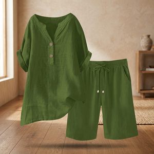 Women's <b>Linen</b> Cotton 2 Piece Shorts <b>Set</b> V Neck Loose Fit Solid Green Casual Summer Outfit Breathable Short Sleeve Top With - Product Image 4