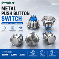 Interrupteur à bouton-poussoir momentané en métal 16mm 19mm 22mm 1NO en acier inoxydable avec LED et bornes à vis pour contrôle industriel