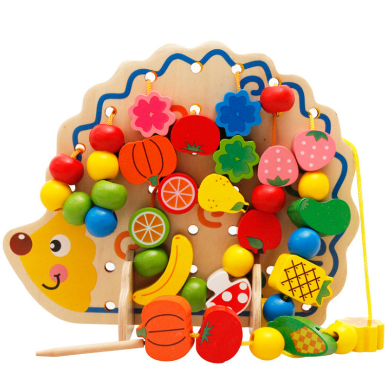 Juguetes Educativos Montessori para niños, erizo de madera, cuentas para enhebrar frutas, juegos, cordones y enhebrar