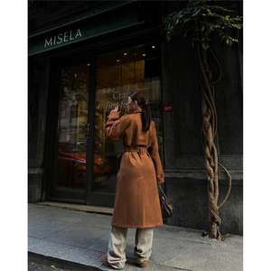 Tan <b>Suede</b> Trench Coat Silk Lining Genuine Leather Cotton Filling Casual Style Print Decoration <b>Belt</b> Long for Autumn Winter - Product Image 2