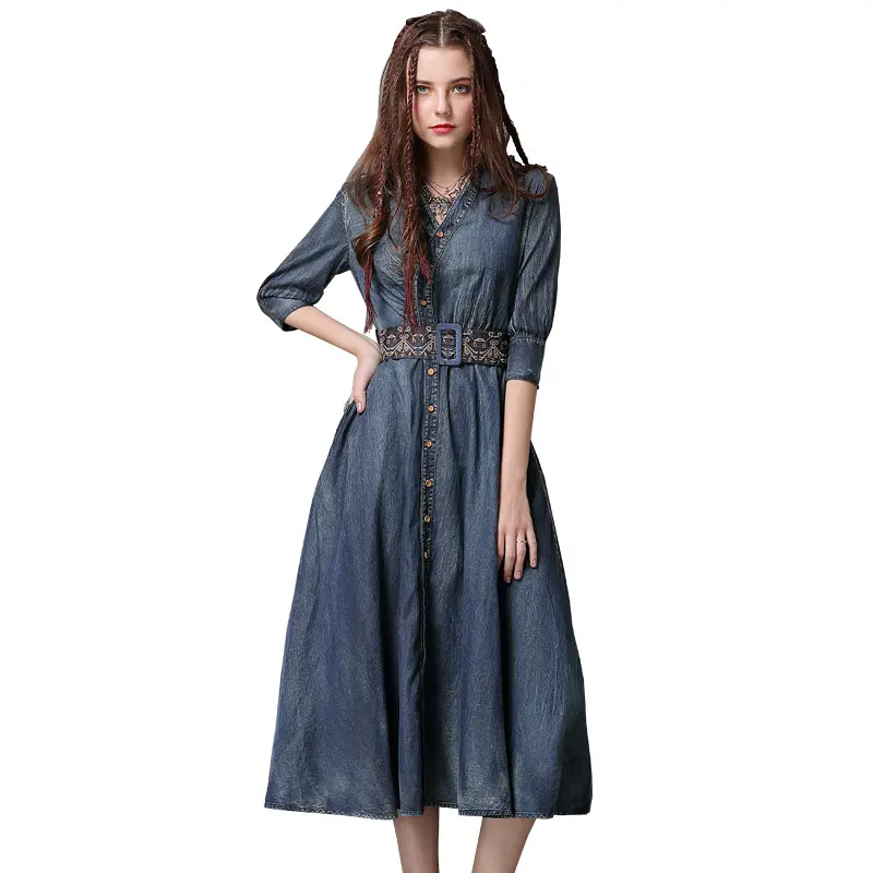 Spring embroidered belt waist irregular new mid-sleeve retro long jean women maxi denim dress