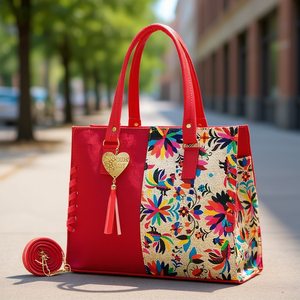 Bolso Tote de Yute Rojo Fana Star, Tamaño Mediano, con Patrón de Letras, Bolso de Compras de Lona para Uso Diario con Bolsillo con Cremallera - Product Image 2