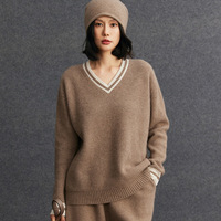 Pulls en cachemire de Mongolie style preppy ODM, à rayures contrastées, col en V, tricot côtelé, pour femmes, exportateur B2B