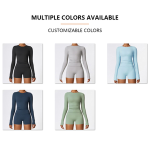شعار مخصص لون واحد اليوغا قصيرة الأكمام طويلة الأكمام الملابس الرياضية صالة الألعاب الرياضية اللياقة البدنية تشغيل طماق مجموعة سريعة الجافة النساء الرياضة اليوغا مجموعة - Product Image 5