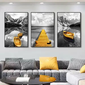 Décor à la maison moderne noir blanc peinture or planche de bois route canoë lac affiche imprime photo paysage mur art toile moderne