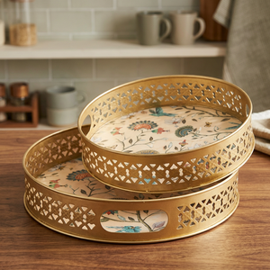 Floral Pattern <b>Serving</b> <b>Trays</b> Set of 2 Polished Metal Decorative Residential Use - Product Image 6
