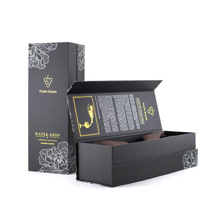 Boîte cadeau de vin pliable en forme de bouteille de vin en papier noir mat de luxe fermeture magnétique avec insert