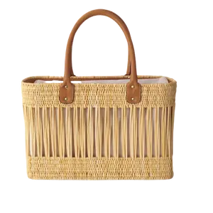 Tas keranjang buluh dekoratif terlaris dengan pegangan kulit coklat tas tangan piknik pantai