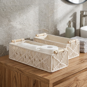 Panier de rangement rectangulaire multifonction en macramé bohème, écologique, en corde de coton, blanc, tressé, pour la décoration de la maison et du bureau - Product Image 3