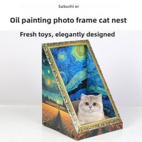 Maison à gratter pour chat en carton ondulé, avec cadre rectangulaire style peinture à l'huile vintage, pour chats d'intérieur toutes saisons