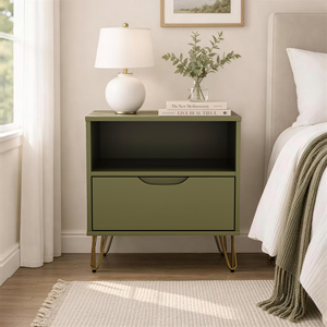 Olive Green Nightstand With Drawer And <b>Open</b> Shelf Metal Legs Modern Design - Product Image 3