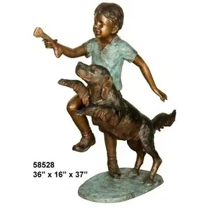 Op Maat Gemaakte Tuin Versierd Levensgrote Koperen Koperen Kinderen Standbeeld Bronzen Jongen En Hond Spelen Sculptuur