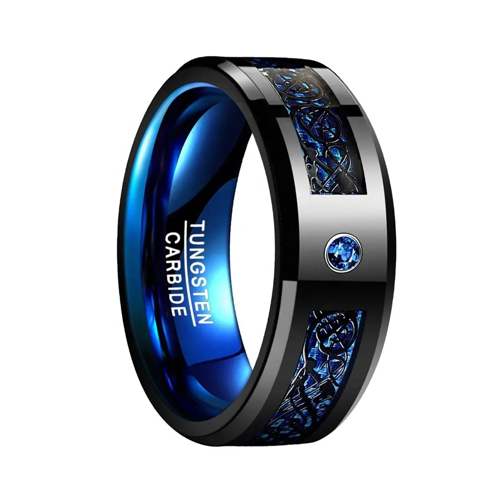 8MM Blue Color Plated Big CZ Stone Brushed Inlay Pattern Wedding Band Tungsten Carbide Men Rings